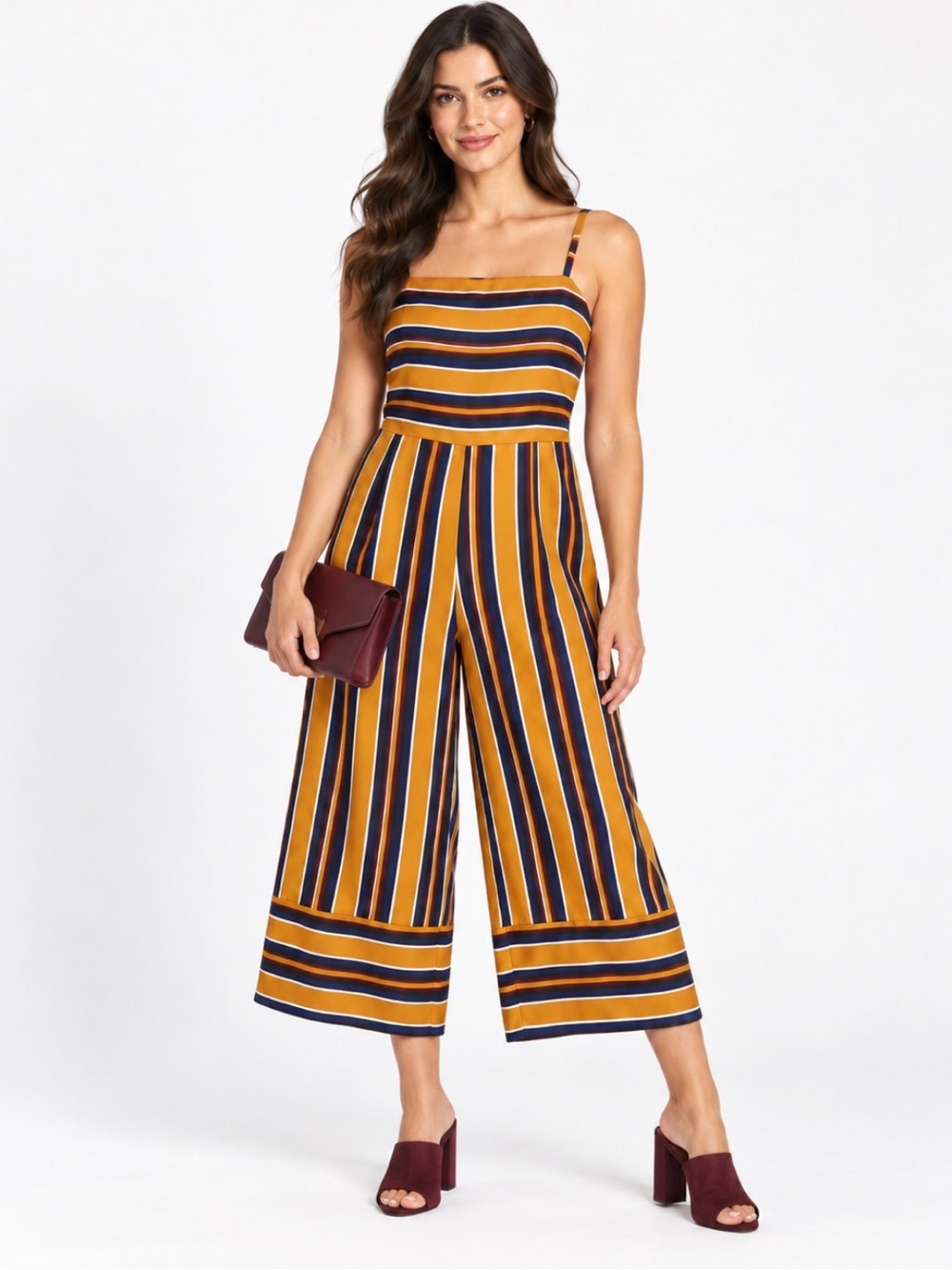 Japna Striped Mustard & Navy Spaghetti-Strap Wide-Leg Jumpsuit